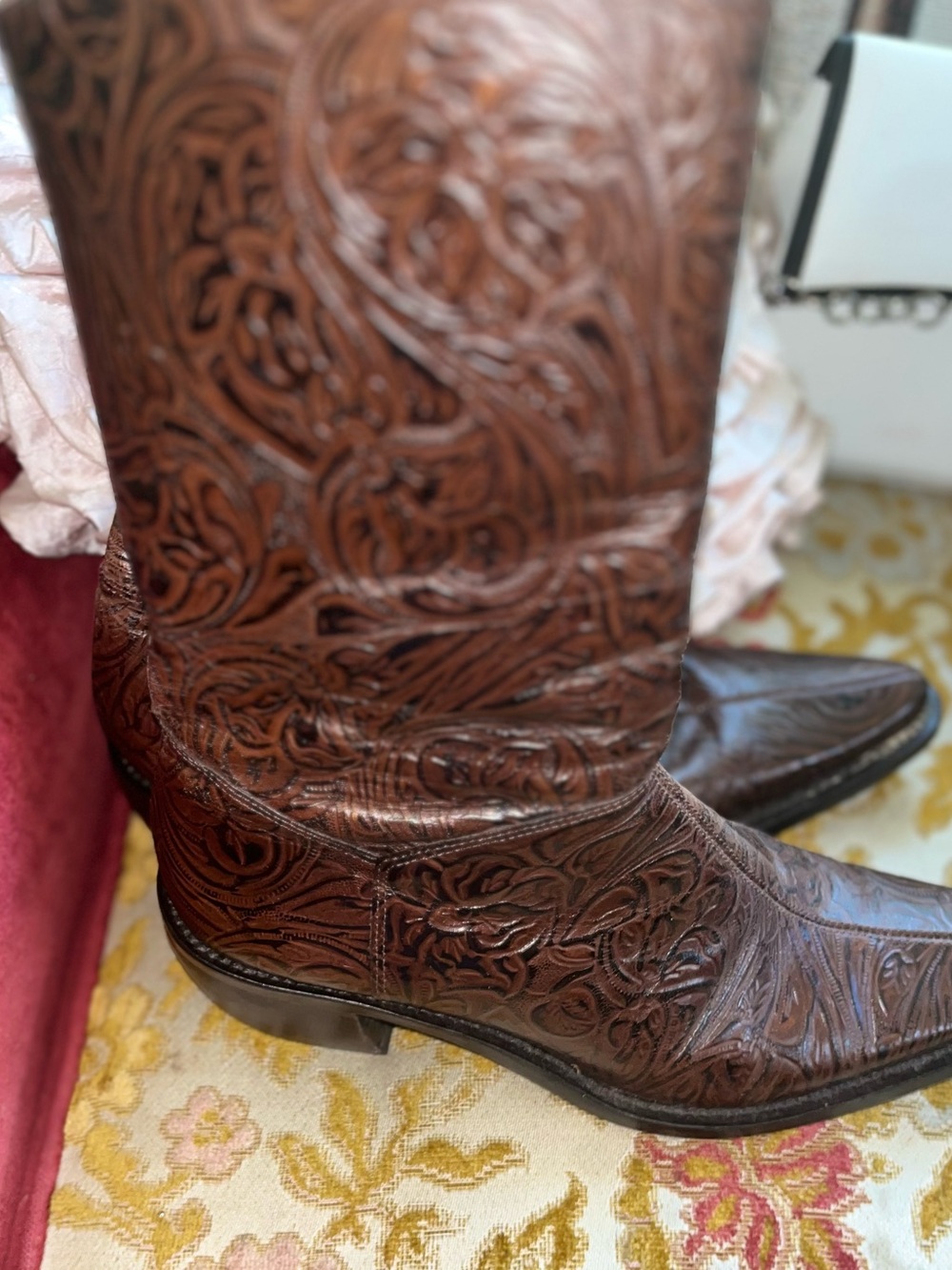 Tooled Brown Leather Cowboy Boots